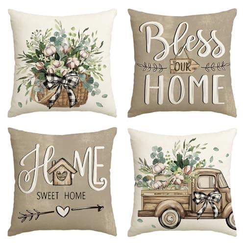 AVOIN colorlife Bless Our Home Farmhouse Eucalyptus Leaves Throw Pillow Covers, 18 x 18 Inch Truck Home Sweet Home Cushion Case Decorations Set of 4
