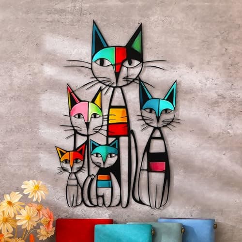Wesiti Cat Wall Art Decor Iron Wall Sculptures Decor for Cats Lover 10.6 x 15.7 Inches Colorful Mid Century Cat Retro Signs for Home Living Room Bedroom Kitchen Office(Classic)