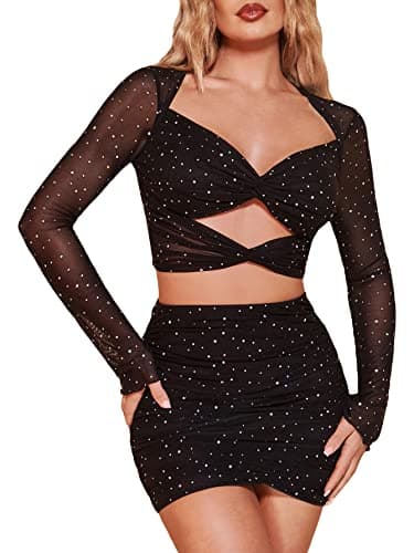 WDIRARA Women's Cut Out Long Sleeve Round Neck Crop Top Slim T Shirt Twist Sequin Black S