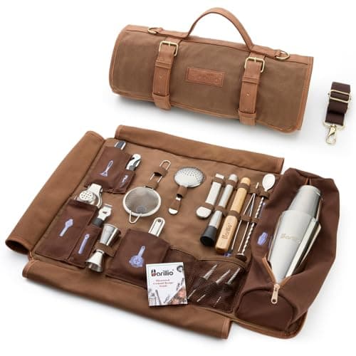 Barillio Bartender Kit Bag with Cocktail Shaker Set - Waxed Canvas, Traveling Bar Tools Bag with 17-Pc Cocktail Kit - Travel Mixology Bartending Kits - Mobile Bar Roll with Strap & Accessories
