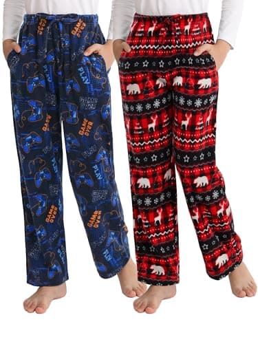 Motarto Boys Pants Kids Soft Micro Fleece Plaid Pants Elastic Waistband with Pockets Drawstring
