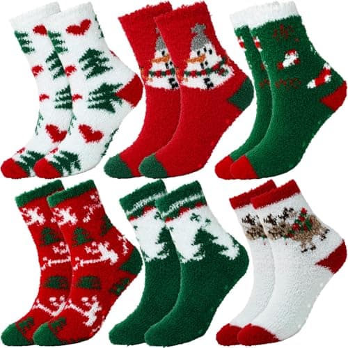 YOGINGO 6 Pairs Christmas Socks Women - Fuzzy Christmas Socks, Colorful Warm Fluffy Slipper Socks for Women