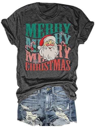 Christmas Shirts for Women Merry Christmas Santa Claus Funny Hoilday Print T-Shirts Graphic Tee Tops(2023/Dark Grey,M)