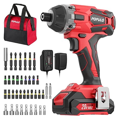 POPULO Cordless Impact Driver Set with Bit Holder, 20V MAX 1/4" Hex Chuck Impact Drill, 250N.m (2,250 in-lbs) Power, 39 Piece S2 Impact Driver Drill Bit Set, 2.0 Ah Battery, Fast Charger