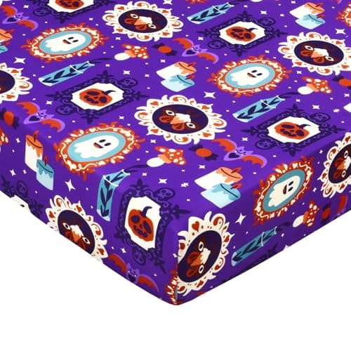 YHITBG Halloween Crib Sheets, Baby Fitted Crib Sheet with Bohemian Mirrors, Ghosts, Pumpkins, Candles, Measuring 52" x 28" to fit Standard Crib and Toddler Mattresses, Purple