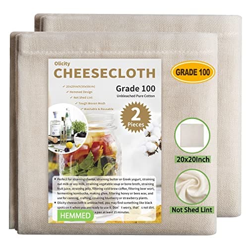 Olicity Cheese Cloths, 2PCS, Grade 100, 20x20Inch Hemmed Precut Cheese Cloth Reusable Muslin Cheesecloth for Straining, 100% Cotton Unbleached Fine Mesh Cloth Cheese Cloths for Cooking, Herbs