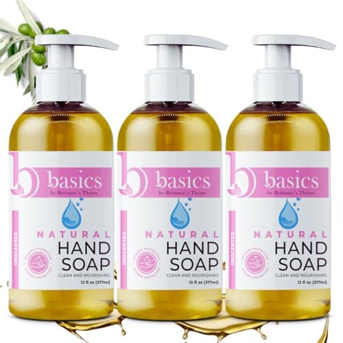 Brittanie's Thyme Basics Natural Olive Oil Hand Soap, Unscented - 12 fl oz, Pack of 3 - Cruelty Free, Vegan, No Synthetic Additives, No Sulfates, Paraben Free, Phthalate Free