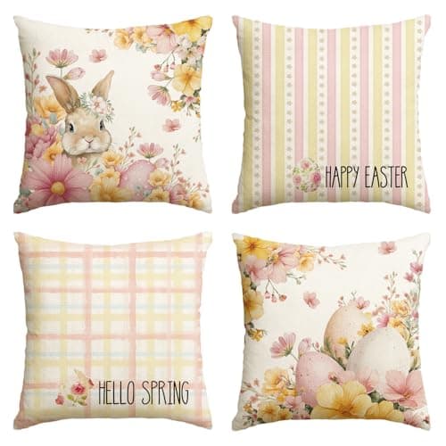 AVOIN colorlife Happy Easter Eggs Bunny Plaid Throw Pillow Covers, 18 x 18 Inch Hello Spring Floral Cushion Case Decoration for Sofa Couch Set of 4