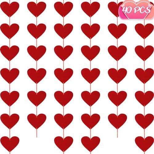 40PCS Valentines Day Decor, Red Heart Banner with Felt Hearts, Hanging Valentines Day Decoration Indoor Outdoor Valentine's Day Party Banner for Wall Fireplace Office Home Decor