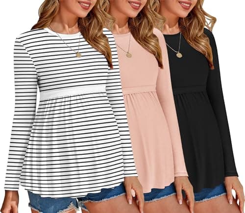 Ekouaer Maternity Shirts 3 Packs Tunic Long Sleeve Tops Pleated Casual Pregnancy Clothes Black/Pink/White L
