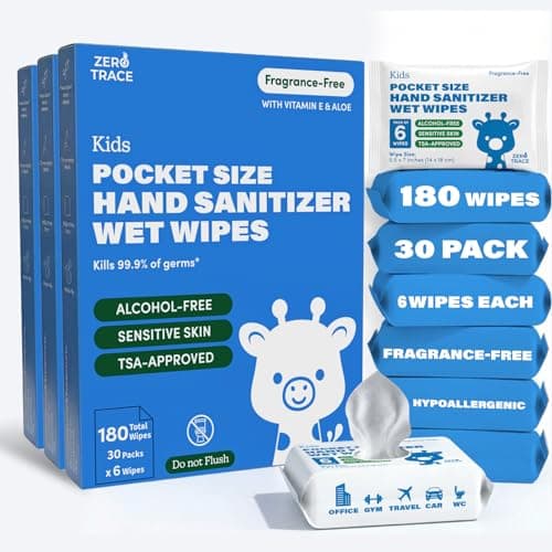 Zero Trace Hand Sanitizer Wipes Bulk – Travel Size, Alcohol-Free, Fragrance-Free – Kills 99.9% of Germs – Safe for Kids & Adults – 180 Wipes (30 Packs of 6) – TSA Approved, Pocket-Friendly
