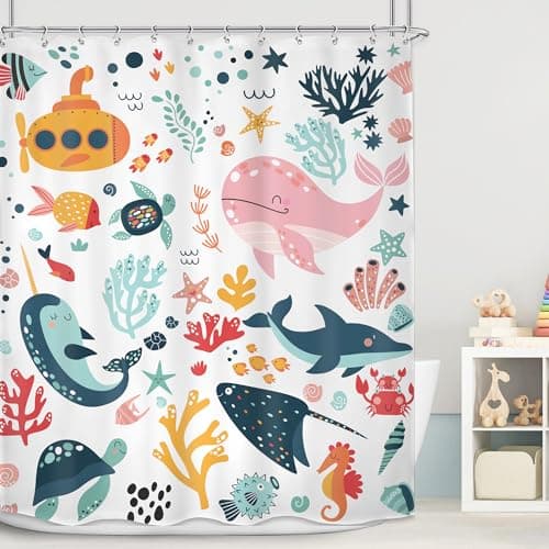 Mitpok Kids Shower Curtain Ocean Cute Cartoon Whale Funny Kid Bathroom Decor for Nursery Baby Boys Girls Underwater Coastal Submarine Fish Animal 60Wx72H Bath Curtain Fabric Polyester 12 Pack Hooks