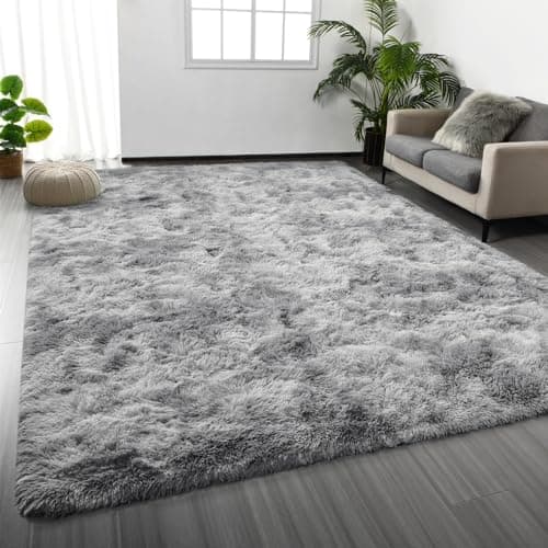 Deerhoo Large Shag Area Rugs 6 x 9, Tie-Dyed Plush Fuzzy Rugs for Living Room, Ultra Soft Fluffy Furry Rugs for Bedroom, Indoor Carpet Nursery Rugs for Kids Room Home Decor, Light Grey