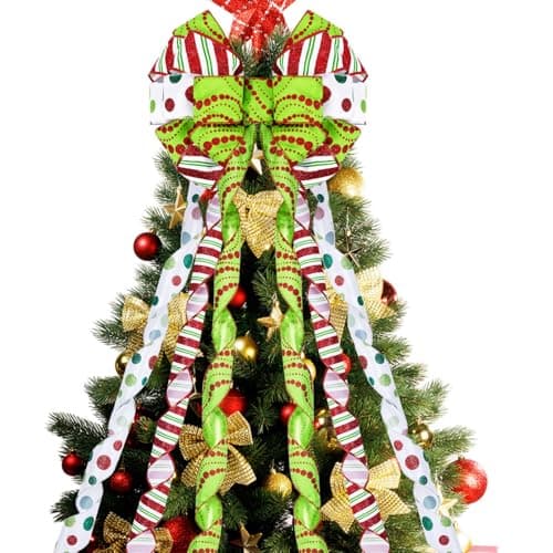 Christmas Tree Topper Bow, 48x13 Inches Large Christmas Bow Topper Bow, Red Green Dot Polyester Gift Bow for Xmas Ornament Holiday Home Wedding Thanksgiving Indoor/Outdoor Decoration (Green & Red)