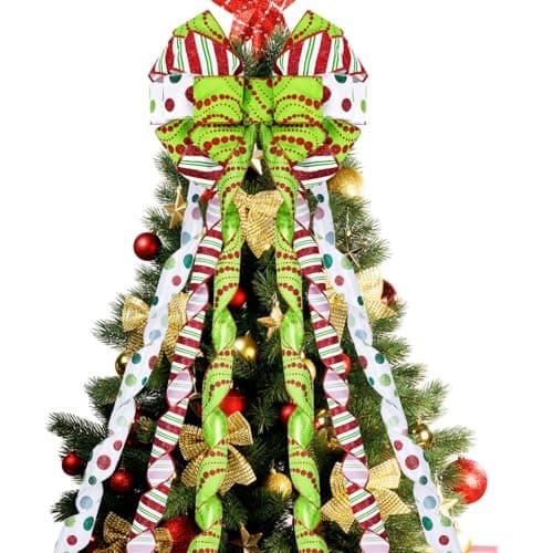 Christmas Tree Topper Bow, 48x13 Inches Large Christmas Bow Topper Bow, Red Green Dot Polyester Gift Bow for Xmas Ornament Holiday Home Wedding Thanksgiving Indoor/Outdoor Decoration (Green & Red)