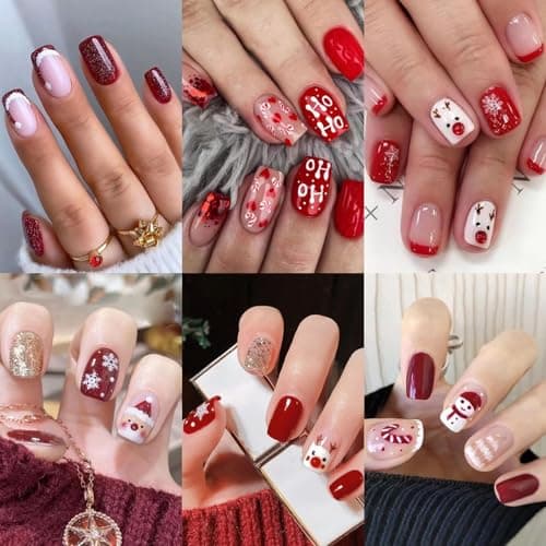 6 Packs (144 Pcs) Christmas Press on Nails - Square, Red, Short, Medium, Snowflake False Nails - Glue on, Fake, Stick on Nails for Women - 12 Sizes, 6 Styles