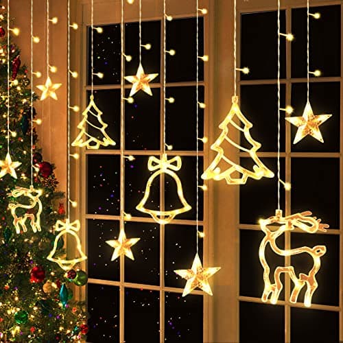 Eunhdet Christmas Window Lights Decorations, 11.5 FT Warm White Christmas Tree Star Bell Deer Lights, 8 Flashing Modes Light Up Curtain Lights for Balcony Bedroom Party Outdoor Indoor Home Yard Decor