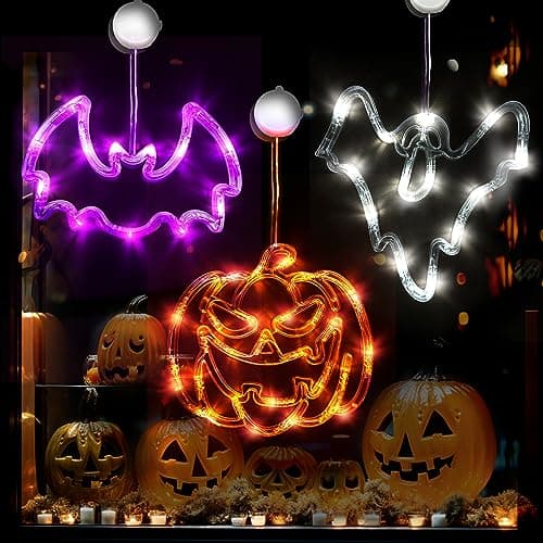 Halloween Decorations Lights 3 Pack,Battery Powered Hanging Halloween Window Lights,Halloween Decorations LED Lights with Suction Cup Hooks with Slow Fade and Timer Function (Pumpkin,Bat,Ghost)