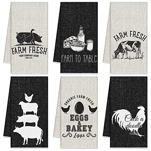 Redbaker 6 Pcs Farm Animal Theme Kitchen Towels Farmhouse Funny Dish Towel Rustic Hand Towels Rooster Cow Pig Decorative Tea Towels Absorbent with Hanging Loop for Kitchen Bathroom Housewarming Gift