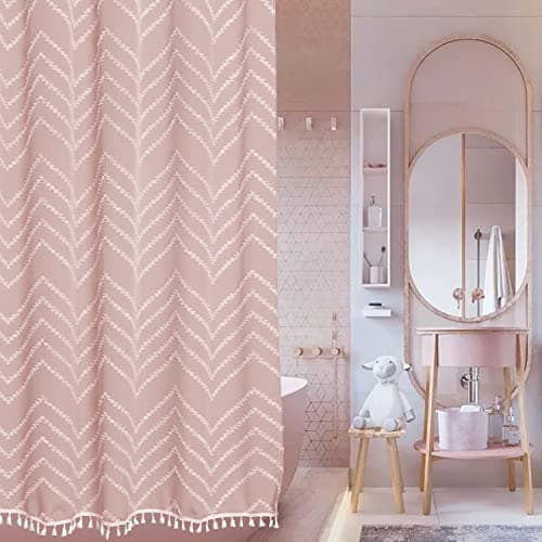 Siiluminisoy Pink Boho Shower Curtain White Tassel Woven Fabric Cute Shower Curtain Modern Farmhouse Textured Tufted Chevron Striped Minimalist 72 x 72 Bathroom Shower Curtain