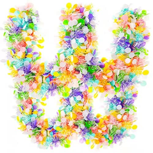 33ft Easter Tinsel Garland,Colorful Egg Tinsel Twist Garland with Confetti Spring Hanging Tinsel Ornament Decoration for Fireplace Mantel Tree Eatser Party Decoration