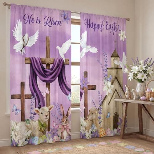 SmoothNovelty 2 Pcs Easter Curtains for Living Room Purple Cross Curtains 52 x 84 Inches He is Risen Easter Window Drapes Bedroom Party Decor