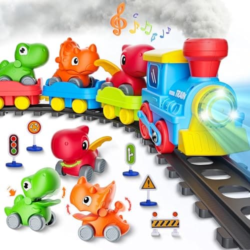 Train Set for Toddlers w/Steam, Music & Lights - Electric Train Toys for Kids w/Tracks Accessories, Including 3 Dinosaur Car and 3 Trailer, Christmas Birthday Gifts for 3 4 5 6+ Years Old Boys Girls.