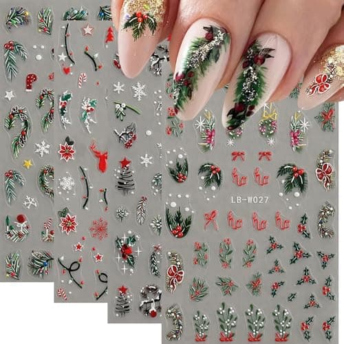 Christmas Nail Art Stickers, 5D Embossed Holly Leaf Nail Decals Green Red Winter Leaf Reindeer Snowflake Design Holiday Nail Art Supplies for Women Girls(4Sheets)