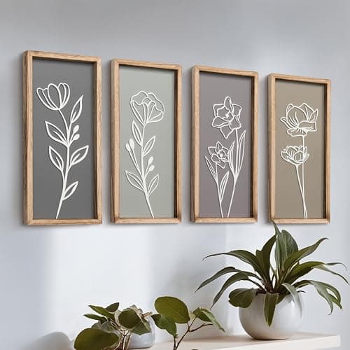 3D Wooden Floral Bathroom Wall Decor (Set of 4) Lightweight, Ready-to-Hang Framed Wall Art For Living Room, Bedroom, or Office - Premium Boho Botanical Farmhouse Decorations - Gift-Boxed