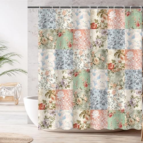 Shower Curtains for Bathroom, Boho Shower Curtain, Vintage Boho Pink Floral Bathroom Decor Bath Curtain, Mid Century Waterproof Retro Farmhouse Patchwork Floral Shower Curtain, 72 X 72 Inches