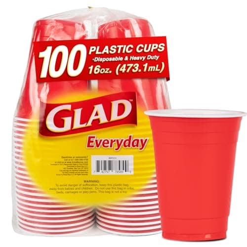 Glad Everyday Disposable Plastic Cups - Red Plastic Party Cups for All Occasions - Heavy Duty Plastic Drinking Cups for Parties or Everyday - 16 Ounce, 100 Count