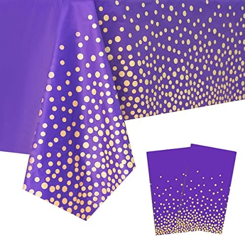 Jepeux 2 Packaging Purple and Gold Plastic Tablecloth, 54 inch x108 inch Rectangular Disposable dot Party Table Cover, Suitable for Birthday, Graduation, Restaurant, Wedding Decoration Tablecloth