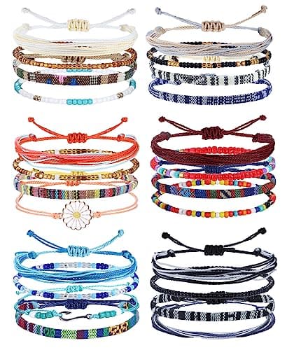 LOLIAS 24 Pieces Waterproof String Bracelets for Women Surfer Wave Boho Bracelet Adjustable Handmade Friendship Bracelet String Ocean Beach Boho Bracelets Anklets for Women Bohimian