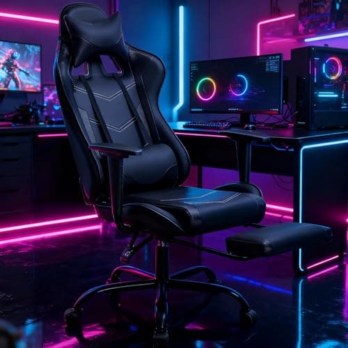 Dlewmsyic Ergonomic Gaming Chair with Footrest, High Back PU Leather Office Desk Chair for Adults Teens, Rolling Swivel Computer Chair, Black