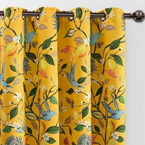 FRAMICS 100% Blackout Curtains for Bedroom Vintage Yellow Floral Curtains for Living Room 84 Inches Long, Luxury Patterned Curtain Lemon Hummingbird Grommet Thermal Insulated Drapes, 2 Panels