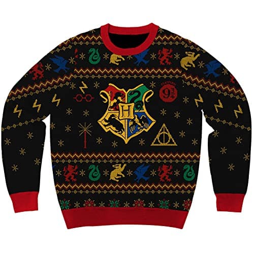 Harry Potter Hogwarts Houses Holiday Christmas Sweater Licensed (Large) Black