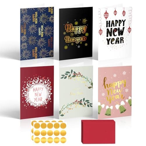 ysmile Happy New Year Card with Envelope 24 Pack for Holiday Greeting Thick Gold Foil Printing Thank You Wish Message