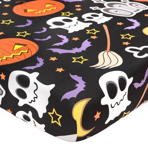 Halloween Crib Sheets, Fitted Crib Sheet with Ghosts, Skulls, Bats, Crosses, Tombstones, and Pumpkins, Measuring 52'' x 28'' to fit Standard Crib & Toddler Mattresses, Black