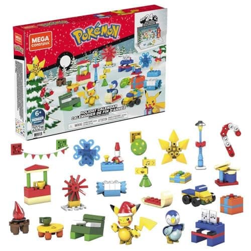 MEGA Pokémon Building Toys Set, Holiday Calendar with 202 Pieces, 2 Poseable Characters and Accessories, for Kids
