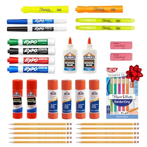Sharpie School Supplies Variety Pack, My First All in One Pack, Expo, Paper Mate, Elmer’s Glue Sticks, Pourable Glue, Pencils, Dry Erase, Markers, Highlighters, and More, 31 Count