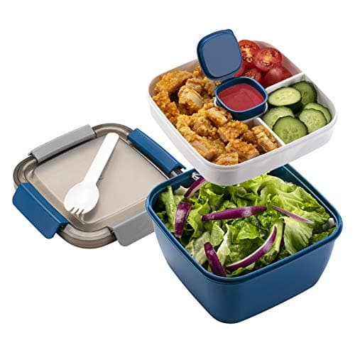 Freshmage Salad Lunch Container To Go, 52-oz Salad Bowls with 3 Compartments, Salad Dressings Container for Salad Toppings, Snacks, Men, Women (Blue)