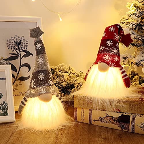 GMOEGEFT Scandinavian Christmas Gnome Lights with Timer, Swedish Santa Tomte Gnome, Nordic Xmas Decoration - Set of 2 (Red & Grey), 11 x 4 Inches