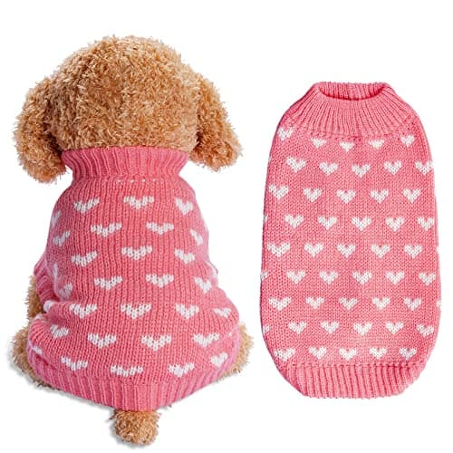 Dxhycc Dog Knitted Sweater Heart Puppy Sweater Warm Soft Pet Holiday Clothes for Small Cats and Dogs (Pink, S)