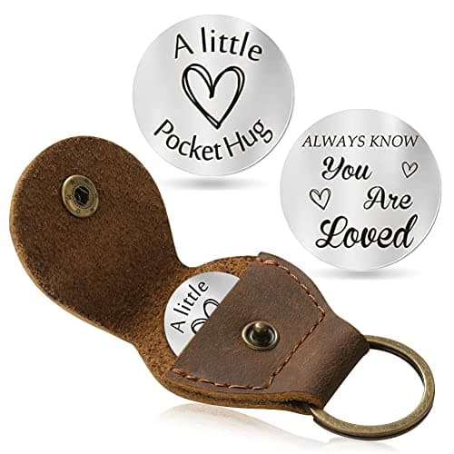 Jack&Chris Pocket Hug Token Long Distance Relationship Keepsake, Double Sided Message Engraved with Leather Keychain, JC65