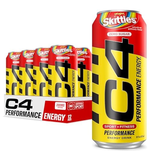 Cellucor C4 Performance Energy Drink | SKITTLES | Zero Sugar Carbonated Preworkout Energy | 200mg Caffeine with Beta Alanine | 16 Fl Oz (12 Pack)