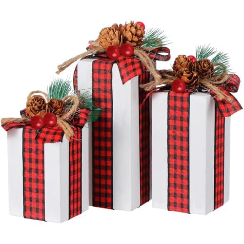 3 Pcs Christmas Table Centerpieces Christmas Table Decor Faux Present Wooden Blocks Rustic Decoration with Buffalo Plaid Bowknot for Holiday Xmas Tree Shelf Tiered Tray Decor (White)