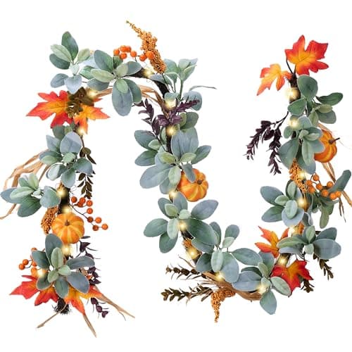 Valery Madelyn Fall Leaves Garlands for Mantle, 6ft Silk Lambs Ear Pumpkins Garland with Lights Maple Thanksgiving Table Centerpiece, Outdoor Fall Halloween Decorations for Autumn Home fireplace Decor