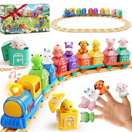 Train Set for Toddlers 2-4, Toddler Toys for 1 2 3 Year Old Boy Girl, Electric Train Set with Music, Light, Tracks, 8 Animals & 8 Barns, Learning Toy for 1 2 3 Year Old, Birthday Gift for Boy Girl