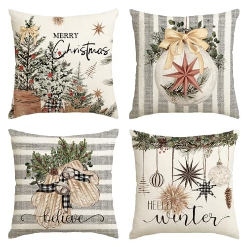 AVOIN colorlife Merry Christmas Balls Eucalyptus Holly Berries Gloves Throw Pillow Covers, 18 x 18 Inch Xmas Winter Holiday Grey Stripes Cushion Case Decoration for Sofa Couch Set of 4
