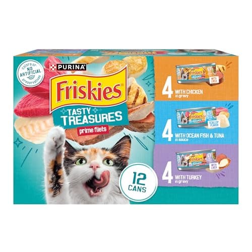 Purina Friskies Wet Cat Food Variety Pack, Tasty Treasures Prime Filets (With Ocean Fish and Tuna, With Chicken and With Turkey) - (Pack of 12) 5.5 oz. Cans